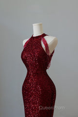 Simple Mermaid Scoop Neckline Burgundy Sequin Long Party Dresses Evening Prom Dresses