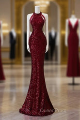 Simple Mermaid Scoop Neckline Burgundy Sequin Long Party Dresses Evening Prom Dresses