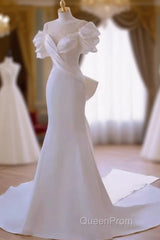 Simple Mermaid Scoop Neckline Satin White Long Wedding Dresses