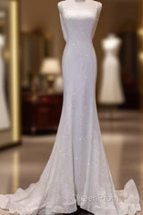 Simple Mermaid Spaghetti Straps Sequin White Long Wedding Dresses