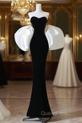 Simple Mermaid Velvet Puff Sleeves Black Long Evening Prom Dresses, Black Evening Dresses