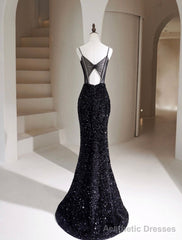 Simple Mermaid Velvet Sequin Black Long Prom Dress, Black Long Evening Dress