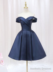 Simple Navy Blue Satin Off the Shoulder Homecoming Dress