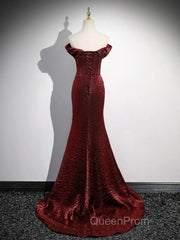 Simple Off Shoulder Burgundy Long Evening Prom Dresses, Burgundy Long Formal Dresses