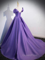 Simple Off Shoulder Satin Purple Long Evening Prom Dresses Court Train Dresses Evening Dresses
