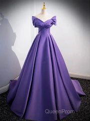 Simple Off Shoulder Satin Purple Long Evening Prom Dresses Court Train Dresses Evening Dresses