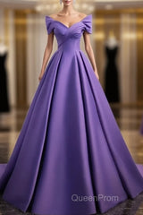 Simple Off Shoulder Satin Purple Long Evening Prom Dresses Court Train Dresses Evening Dresses