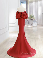 Simple Off Shoulder Satin Red Mermaid Long Evening Prom Dresses, Red Long Formal Dresses