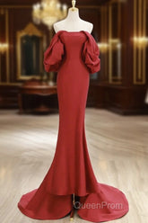 Simple Off Shoulder Satin Red Mermaid Long Evening Prom Dresses, Red Long Formal Dresses