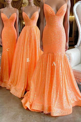 Simple Orange sequin long Evening Prom Dresses orange long evening Dresses
