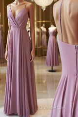 Simple pink chiffon long Evening Prom Dresses, pink evening Dresses