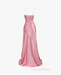 Simple Pink Spaghetti Straps Long Evening Prom Dresses with Split