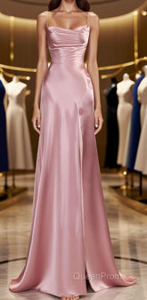 Simple Pink Spaghetti Straps Long Evening Prom Dresses with Split