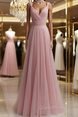 Simple pink tulle long Evening Prom Dresses pink tulle evening Dresses