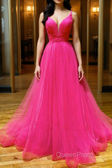 Simple pink v neck tulle long Evening Prom Dresses pink formal Dresses