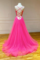 Simple pink v neck tulle long Evening Prom Dresses pink formal Dresses