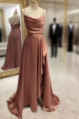 Simple Evening Prom Dresses, A-line Bateau Spaghetti Straps Long/Floor-Length Satin Evening Prom Dresses With Pleated Split