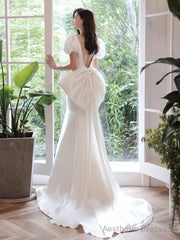 Simple Puff Sleeves Satin Mermaid White Long Prom Dress, White Long Formal Dress