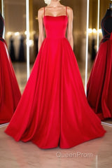 Simple red satin long Evening Prom Dresses, red backless long evening Dresses