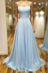 Simple satin blue long Evening Prom Dresses, blue evening Dresses