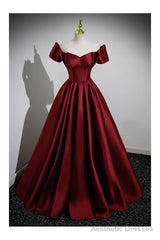 Simple Satin Burgundy Long Evening Gown with Short Sleeves