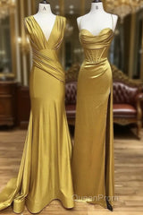Simple Satin Gold Long Evening Prom Dresses, Gold Satin Long Formal Dresses