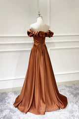 Simple Satin Long Evening Prom Dresses, Off The Shoulder V-Neck Evening Dresses