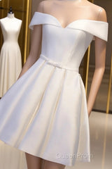 Simple Satin Off Shoulder Short Party Dresses, Homecoming Dresses