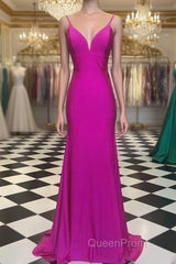 Simple Spagehtti Straps Fuchsia Satin Mermaid Evening Prom Dresses