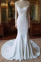 Simple Spaghetti Straps Satin Mermaid Ivory Wedding Dresses Bridal Gown