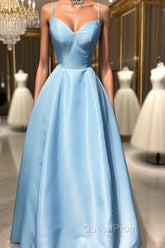 Simple sweetheart blue satin long Evening Prom Dresses, blue evening Dresses