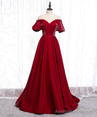 Simple Sweetheart Burgundy Satin Long Prom Dress, Burgundy Formal Graduation Dress