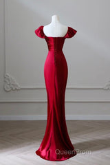 Simple Sweetheart Neck Satin Burgundy Long Evening Prom Dresses, Burgundy Long Formal Dresses
