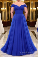 Simple sweetheart tulle blue long Evening Prom Dresses, blue evening Dresses