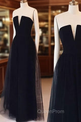Simple Tulle Black Long Evening Prom Dresses, Black Evening Dresses