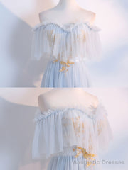 Simple Tulle Lace Gray Blue Prom Dresses, Tea Length Lace Bridesmaid Dresses