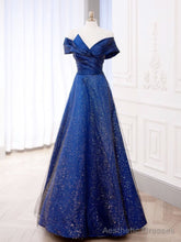 Simple Tulle Satin Dark Blue Long Prom Dress, Blue Formal Evening Dress