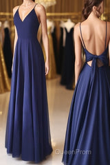 Simple V Neck Backless Blue Long Evening Prom Dresses, V Neck Blue Formal Evening Dresses, Blue Graduation Dresses