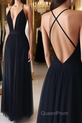 Simple v neck black tulle long Evening Prom Dresses, black evening Dresses