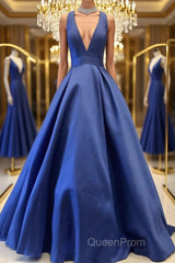 Simple V Neck Blue Satin Long Evening Prom Dresses, V Neck Blue Formal Dresses, Cheap Blue Evening Dresses