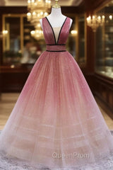 Simple V Neck Burgundy Tulle Long Evening Prom Dresses, Tulle Evening Dresses