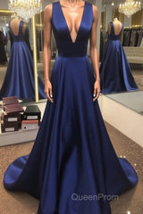Simple V Neck Open Back Blue Long Evening Prom Dresses, V Neck Blue Formal Dresses, Blue Evening Dresses