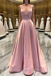 Simple v neck pink satin long Evening Prom Dresses pink formal Dresses
