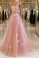 Simple v neck pink tulle long Evening Prom Dresses, pink evening Dresses