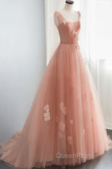 Simple V Neck Pink Tulle Long Evening Prom Dresses Pink Tulle A Line Evening Dresses