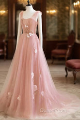 Simple V Neck Pink Tulle Long Evening Prom Dresses Pink Tulle A Line Evening Dresses