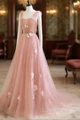Simple V Neck Pink Tulle Long Evening Prom Dresses Pink Tulle A Line Evening Dresses