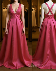 Simple V Neck Pleated Satin Long Evening Prom Dresses, V Neck Evening Dresses, Formal Dresses, Graduation Dresses