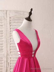 Simple V Neck Satin Long Prom Dress Backless Evening Dress