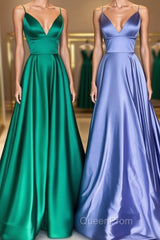 Simple v neck satin long Evening Prom Dresses satin evening Dresses